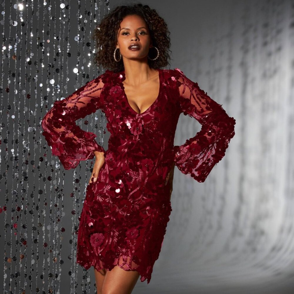 Boston Proper Wine Red Sequin Floral Mini Dress